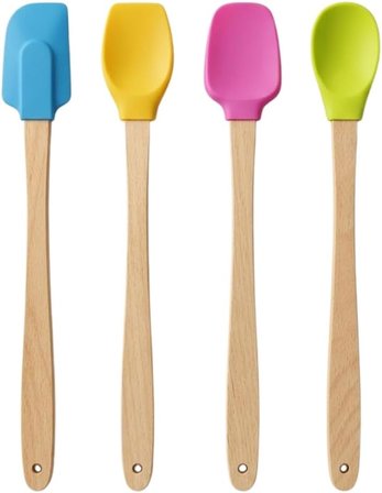 4'Lü Silikon Metal Kancalı Set - Ahşap Saplı, Isıya Dayanıklı Spatula Ve Mutfak Servis Seti