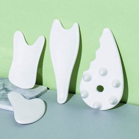 Gua Sha Yüz Aletleri Seti, 4 Adet Gua Sha Kazıma Masaj Aleti, Seramik Guasha Tahtası, Spa Akupunktur