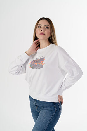 Zeplin Bayan Sıfır Yaka Sweatshirt (Baskı) Beyaz