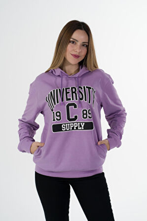 Nevada Bayan Kapşonlu Yan Cepli Sweatshirt (Baskı) Lila