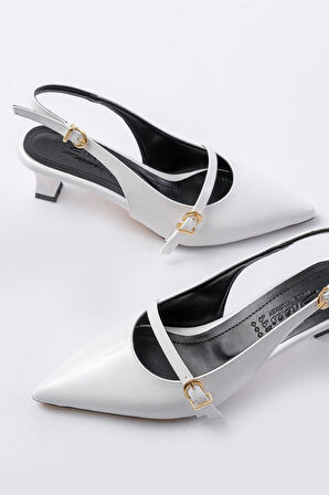 dARGENTO H-470 Beyaz Rugan Baret Tokalı Arkası Açık Günlük Kadın Sandalet 