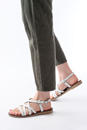 dARGENTO 205-017 Beyaz Ortopedik Hakiki Deri Kadın Sandalet