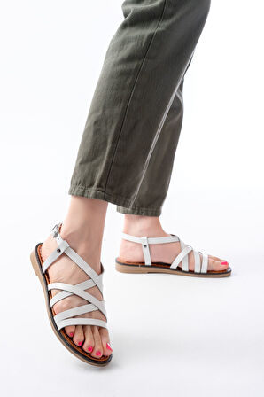 dARGENTO 205-017 Beyaz Ortopedik Hakiki Deri Kadın Sandalet