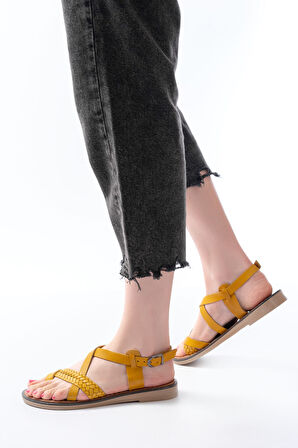 dARGENTO 205-09 Hardal Ortopedik Hakiki Deri Kadın Sandalet 