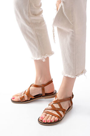 dARGENTO 205-017 Taba Ortopedik Hakiki Deri Kadın Sandalet 