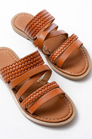 dARGENTO 169-161 Taba Örgülü Ortopedik Taban Hakiki Deri Kadın Sandalet 