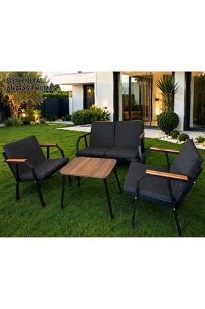 DURU 2-1-1 BAHÇE BALKON MOBİLYASI,SEHPALI,SİYAH İSKELET,KUMAŞ RENGİ 01 ANTRASİT