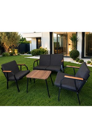 DURU 2-1-1 BAHÇE BALKON MOBİLYASI,SEHPALI,SİYAH İSKELET,KUMAŞ RENGİ 01 ANTRASİT