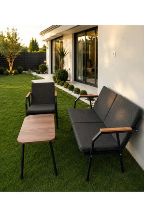 DURU 2-1-1 BAHÇE BALKON MOBİLYASI,SEHPALI,SİYAH İSKELET,KUMAŞ RENGİ 01 ANTRASİT