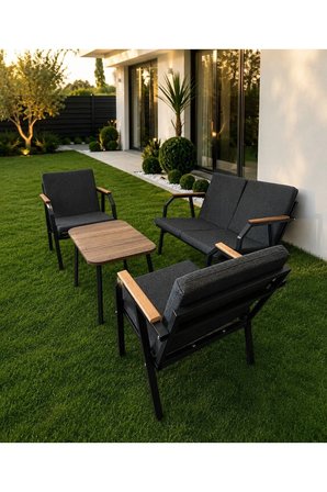 DURU 2-1-1 BAHÇE BALKON MOBİLYASI,SEHPALI,SİYAH İSKELET,KUMAŞ RENGİ 01 ANTRASİT