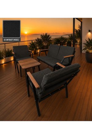 DURU 2-1-1 BAHÇE BALKON MOBİLYASI,SEHPALI,SİYAH İSKELET,KUMAŞ RENGİ 01 ANTRASİT