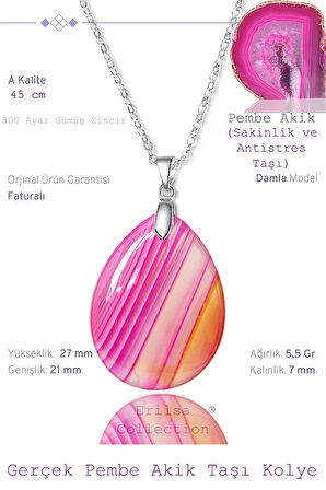 Sertifikalı Damla Model Pembe Akik Taşı Kolye (Gümüş Aparatlı)