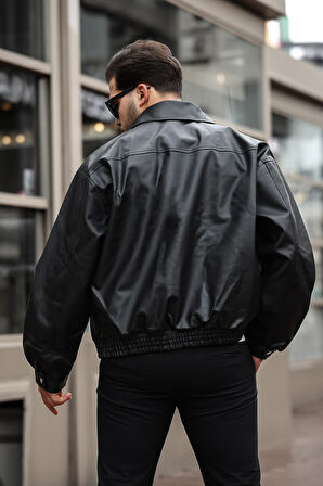 Erkek Siyah Oversize Vintage Deri Ceket