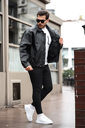 Erkek Siyah Oversize Vintage Deri Ceket