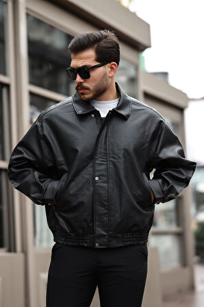 Erkek Siyah Oversize Vintage Deri Ceket