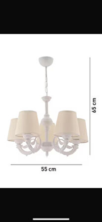 RİGA ZAMAK AVİZE BEŞ KOLLU STATİK BEYAZ BOYALI KREM RENGİ ŞAPKALI