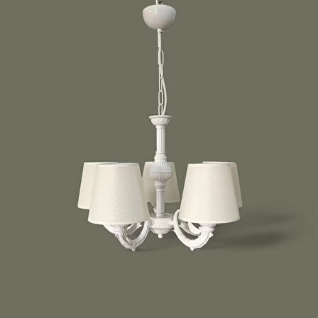 RİGA ZAMAK AVİZE BEŞ KOLLU STATİK BEYAZ BOYALI KREM RENGİ ŞAPKALI