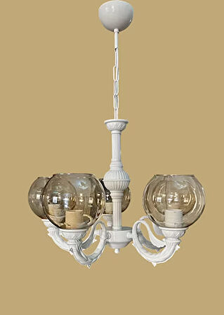 RİGA ZAMAK BEŞ KOLLU AVİZE STATİK BEYAZ BOYALI BAL RENGİ CAMLI