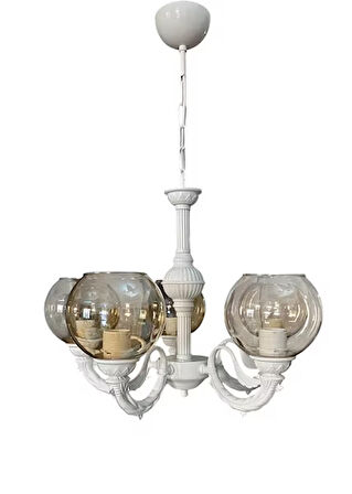 RİGA ZAMAK BEŞ KOLLU AVİZE STATİK BEYAZ BOYALI BAL RENGİ CAMLI