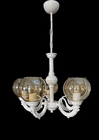 RİGA ZAMAK BEŞ KOLLU AVİZE STATİK BEYAZ BOYALI BAL RENGİ CAMLI