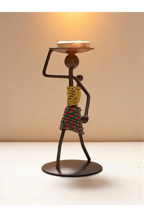 Retro Afrika Temalı Demir Mumluk / Şamdan Tutucu - Masaüstü Dekor (Yükseklik 13 cm)