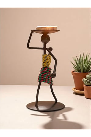 Retro Afrika Temalı Demir Mumluk / Şamdan Tutucu - Masaüstü Dekor (Yükseklik 13 cm)