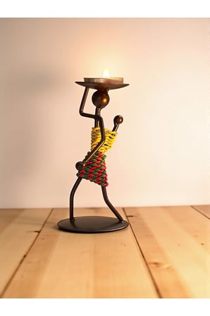 Retro Afrika Temalı Demir Mumluk / Şamdan Tutucu - Masaüstü Dekor (Yükseklik 13 cm)