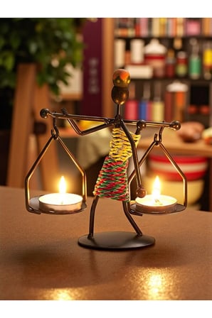 Denge Mumluk Afrika Temalı Çift Şamdan – Metal Tealight Mum Tutucu Masa Dekoru 14,5 cm