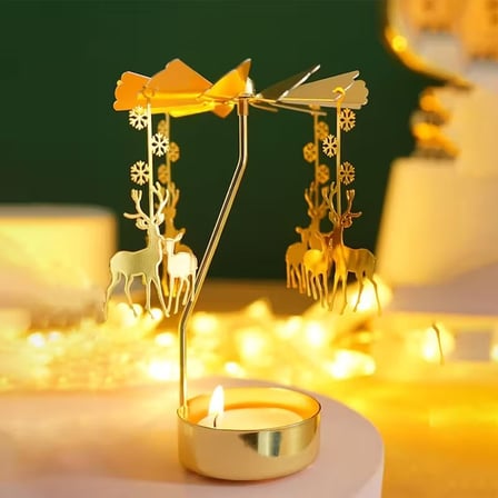Dekoratif Metal Isı İle Dönen Geyik Ve Yavrusu Tasarımlı Mumluk Gold 