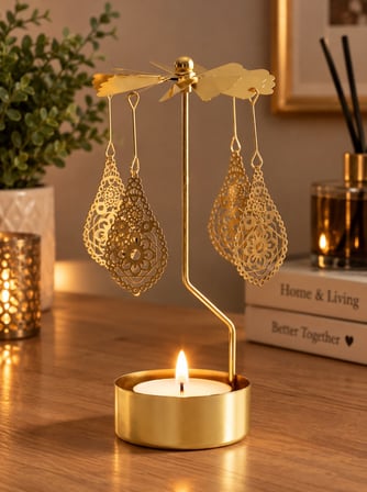 Altın Renkli Dekoratif Döner Tealight Mumluk Mandala Desenli Sallanan Süs Metal Şamdan