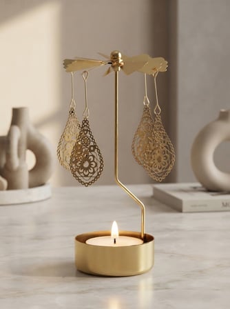 Altın Renkli Dekoratif Döner Tealight Mumluk Mandala Desenli Sallanan Süs Metal Şamdan