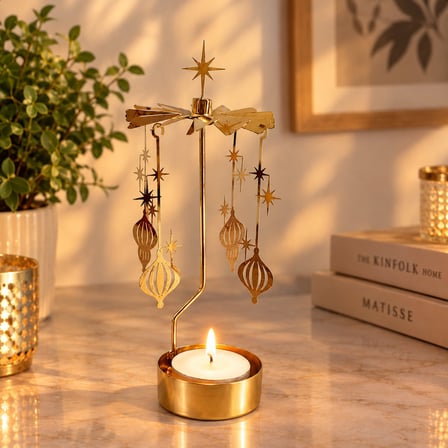 Altın Renk Dönen Yıldız ve Yılbaşı Süsü Figürlü Mumluk – Isıyla Dönen Dekoratif Tealight Mumluk