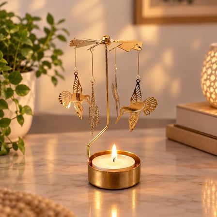 Altın Renk Dönen Sinek Kuşu Figürlü Mumluk – Isıyla Dönen Dekoratif Tealight Mumluk