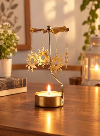 Altın Renk Güneş Figürlü Mumluk – Isıyla Dönen Dekoratif Tealight Mumluk