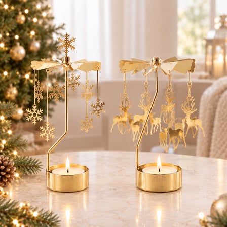 Döner Mumluk Yılbaşı Süsü Geyik Ve Kar Tanesi Dekoratif Tealight Mumluk