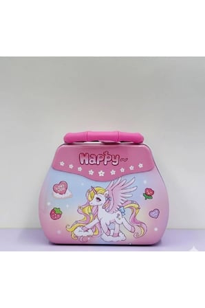 Anahtarlı Kilitli Çanta Tasarım Metal Çocuk Kumbarası - Unicorn Tek Boynuzlu At Desenli Pembe