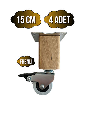Kale Ahşap Tekerli Ayak Mobilya Masa Dolap Tekerli Ayağı(FRENLİ)(15CM)(CEVİZ AĞACI)(4 ADET)