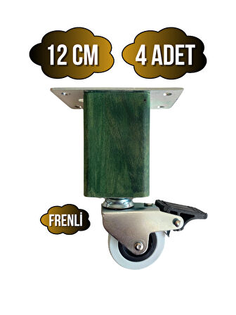Kale Ahşap Tekerli Ayak Mobilya Masa ve Dolap Tekerli Ayağı(FRENLİ)(12CM)(YEŞİL)(4 ADET)(KAYIN)