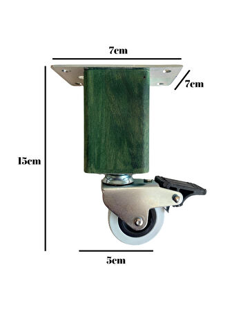 Kale Ahşap Tekerli Ayak Mobilya Masa ve Dolap Tekerli Ayağı(FRENLİ)(15CM)(YEŞİL)(1 ADET)(KAYIN)