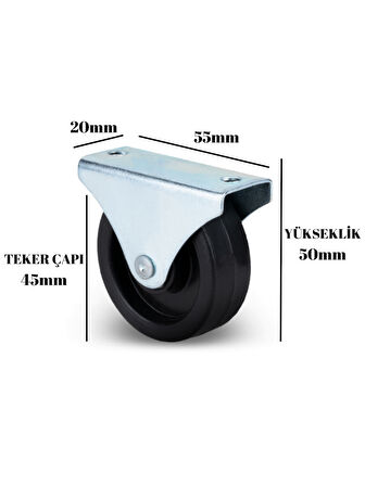 Sabit Tabanlı Masa Tekeri Sehpa ve Dolap Tekeri(Teker Çapı:45MM Yükseklik:50MM)(KROM-SİYAH)(4 ADET)