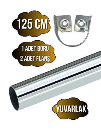 Metal Yuvarlak Krom Mobilya Dolap Askı Borusu(125CM)(2 ADET FLANŞ-1 ADET BORU)(ÇAP:25MM)