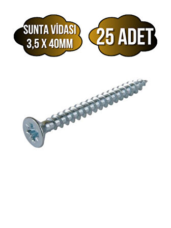Sunta Vidası 3,5x40mm Çinko Ahşap MDF Montaj Vidası(3,5X40MM)(25 ADET)