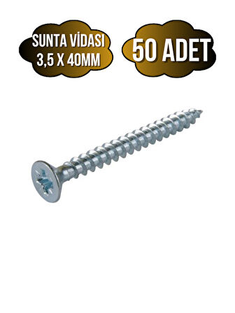 Sunta Vidası 3,5x40mm Çinko Ahşap MDF Montaj Vidası(3,5X40MM)(50 ADET)