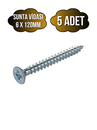 Sunta Vidası 6x120mm Çinko Ahşap MDF Montaj Vidası(6X120MM)(5 ADET)