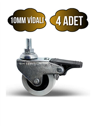 Vidalı Frenli Sandalye Tekeri Koltuk ve Sehpa Tekeri(10MM)(50MM)(4 ADET)(KROM - GRİ)(FRENLİ)(VİDALI)