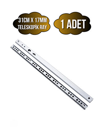 Teleskobik 17MM Çekmece Rayı Gömme Bilyeli İnce Ray(17MM)(31CM)(1 TAKIM)(KROM)