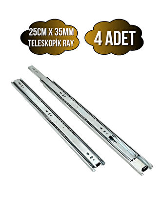 Teleskobik 35MM Çekmece Ray Bilyeli Mobilya Dolap Rayı(25CM)(35MM)(4 TAKIM)(KROM)