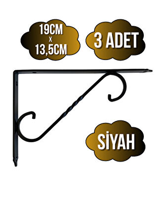 Raf Altı Ferforje Demir Tutucu L Raf Demiri Duvar Sabitleyici(METAL)(SİYAH)(3 ADET)(19CM X 13.5CM)