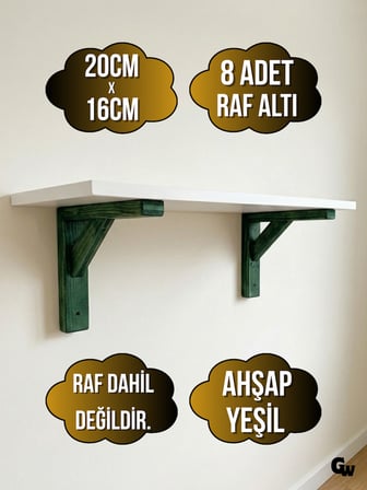 Raf Altı Ahşap Tutucu L Raf Ahşabı Duvar Sabitleyici(AHŞAP)(YEŞİL)(8 ADET)(20x16cm)(BEYAZ ÇAM)