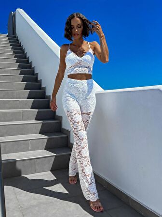 Dantel detaylı ispanyol paça pantolon